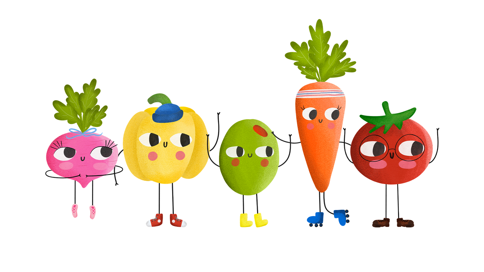 Ollie and friends: radish, pepper, olive, carrot and tomato characters